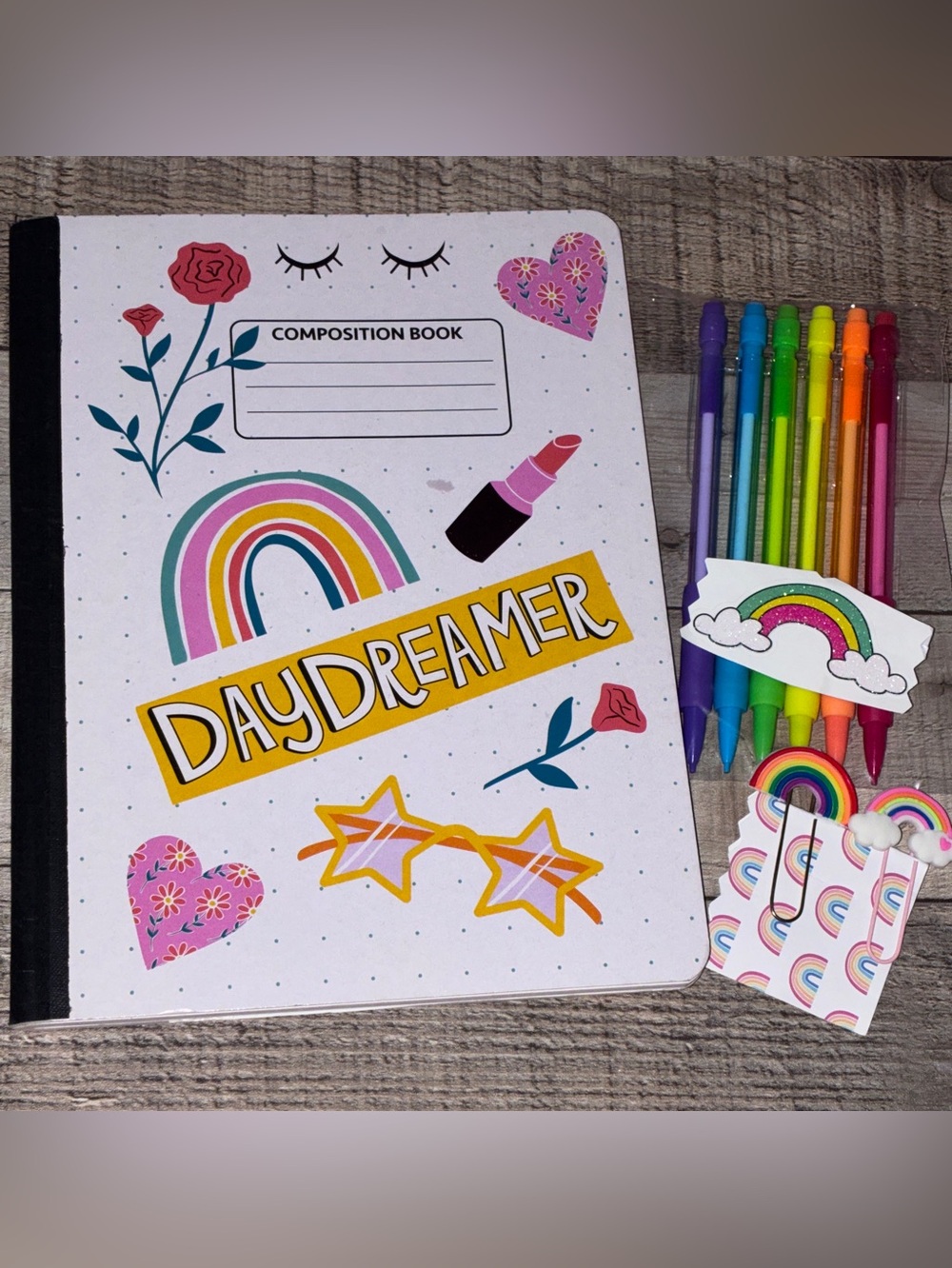 Daydreamer Retro Composition Book w/Rainbow Paper Clips & Pencils